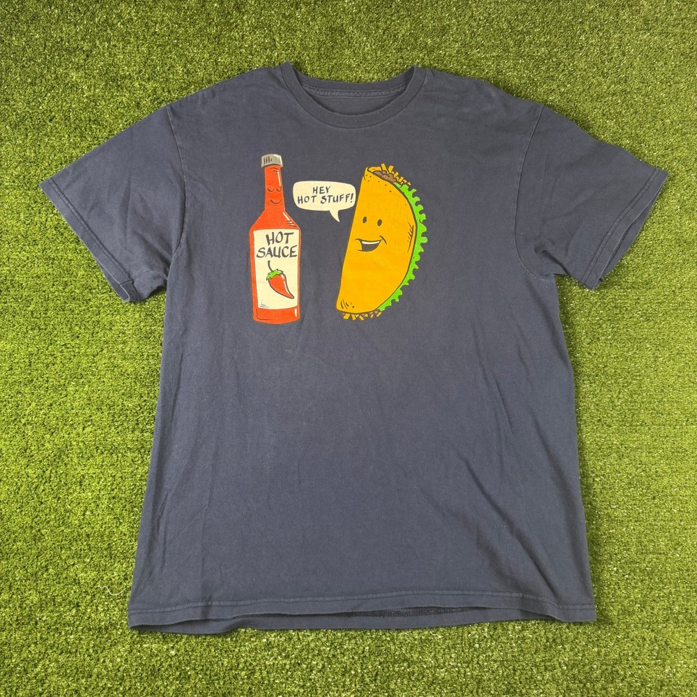 Hey Hot Stuff Taco Hot Sauce Graphic T-Shirt Navy Blue Crew Neck Mens Large